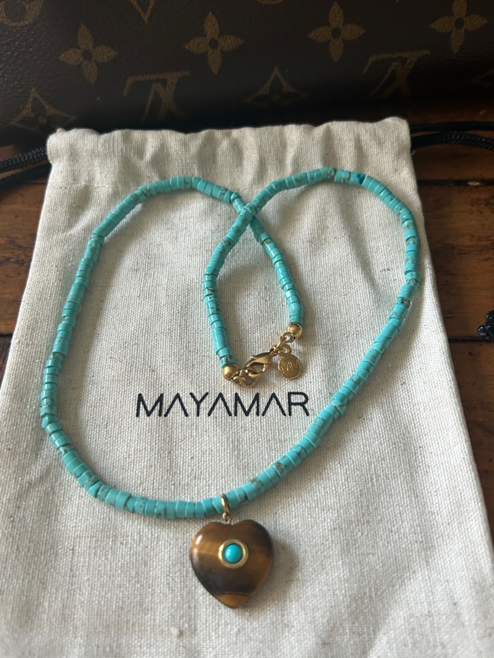 Mayamar Luxurious Turquoise Beaded Necklace Tiger Eye Heart Pendant retail $165 - Picture 4 of 6